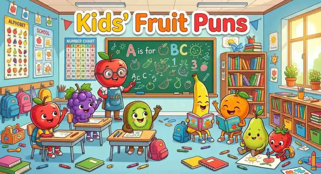 Happy fruit friends in classroom