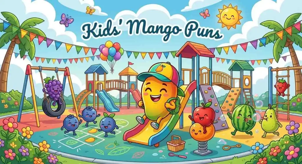 Playful mango with fruit friends