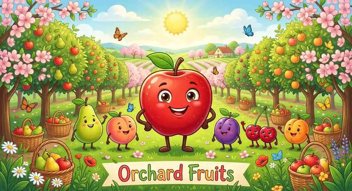 Happy orchard fruits smiling together.