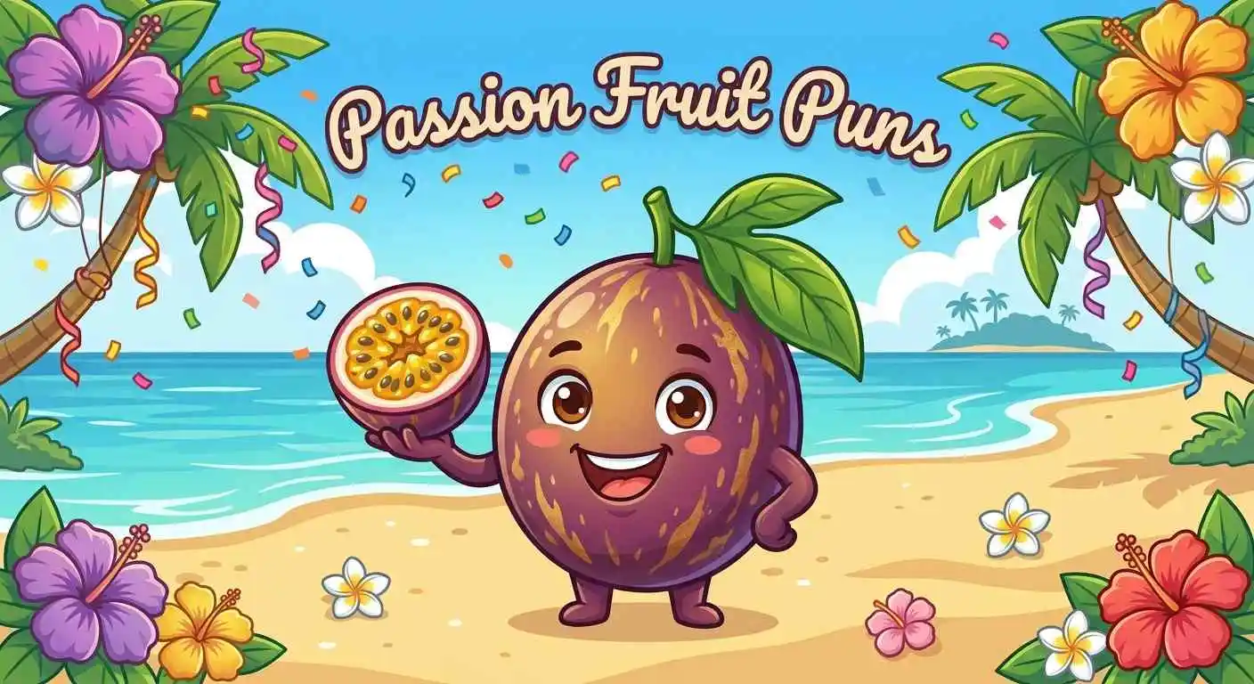 Smiling passion fruit mascot