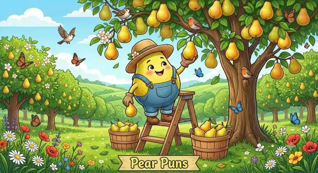 Cute pear picking fruit.