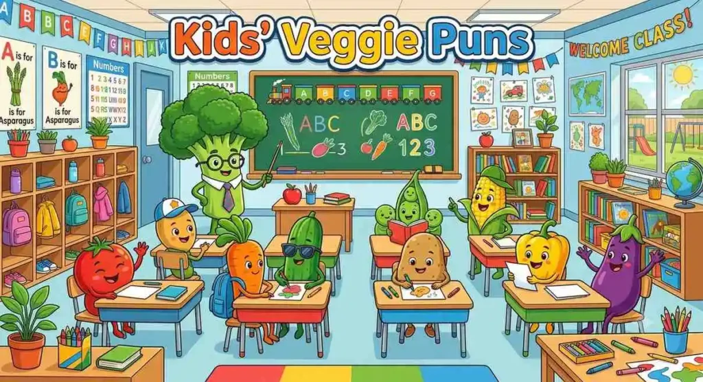Happy vegetables in classroom