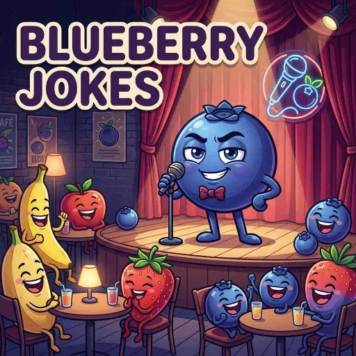 Funny blueberry performing jokes on stage