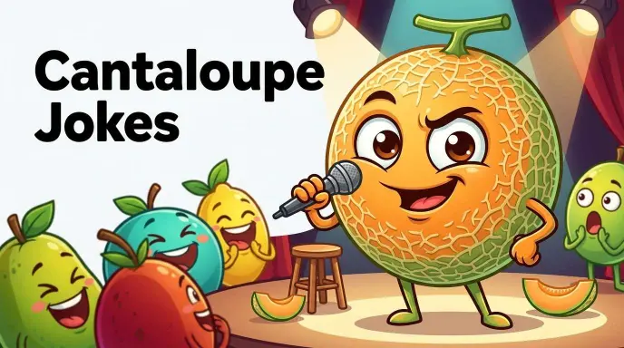 Funny cantaloupe character telling jokes