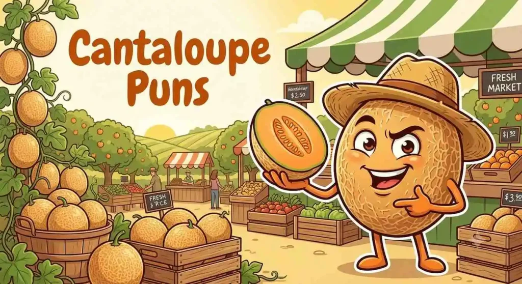 Funny cantaloupe character at orchard