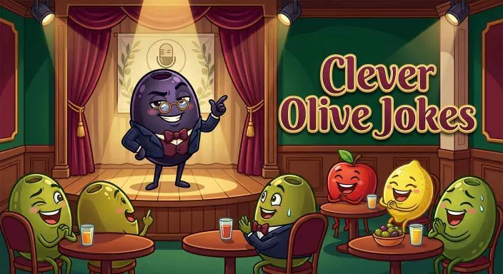 Clever olive character telling jokes