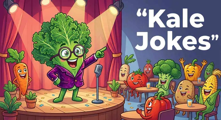 Funny kale character telling jokes