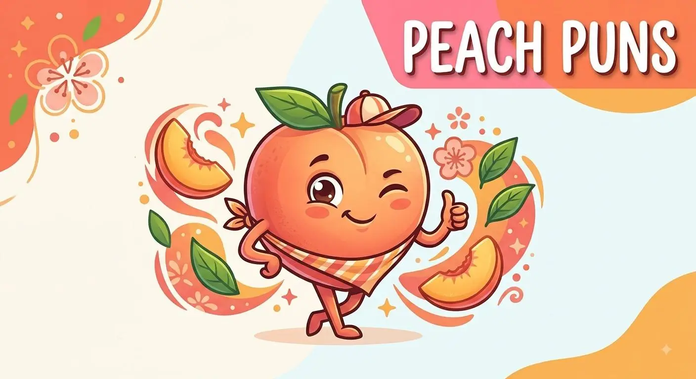 Funny peach surrounded by colorful fruit