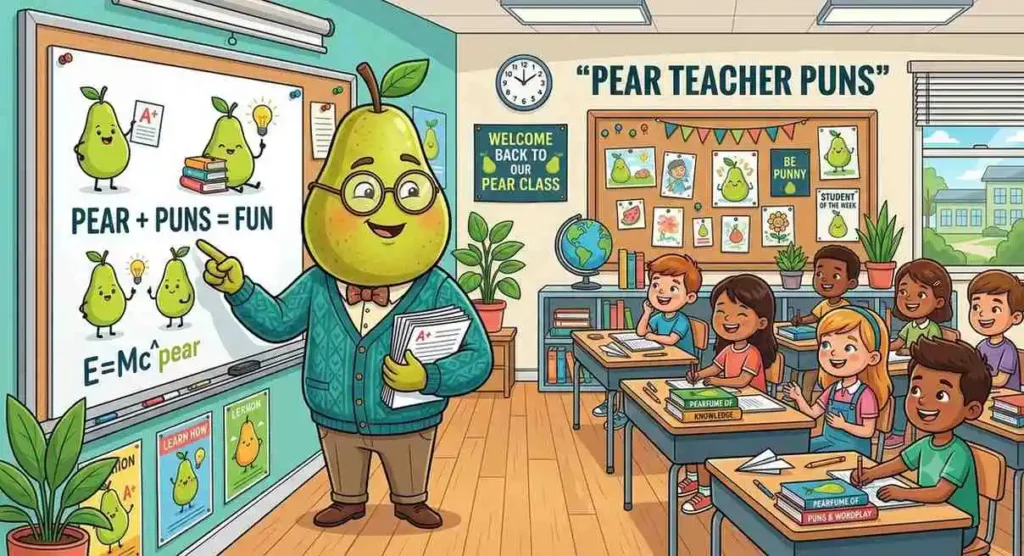 Funny pear teacher in classroom