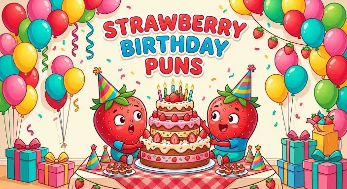 Funny strawberry celebrating a birthday