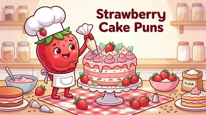 Funny strawberry decorating a pink cake
