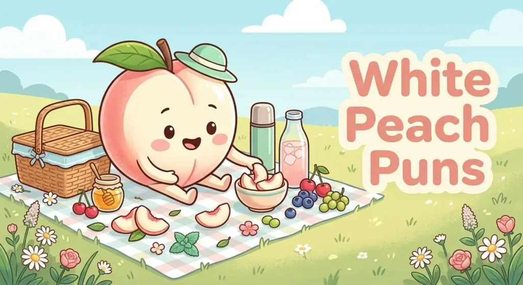Cute white peach character with peach slices