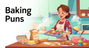 Funny baker surrounded by cupcakes