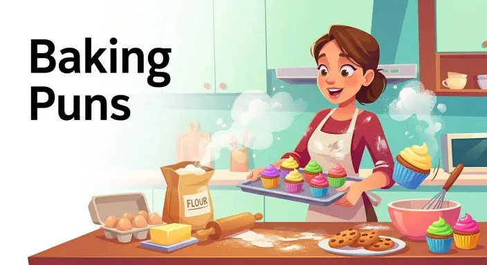 Funny baker surrounded by cupcakes