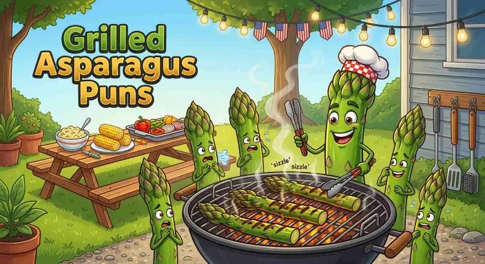 Funny grilled asparagus at barbecue
