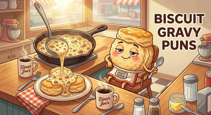 Biscuit character enjoying creamy gravy