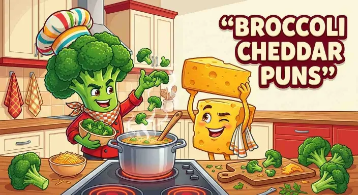 Broccoli and cheddar sharing a joke