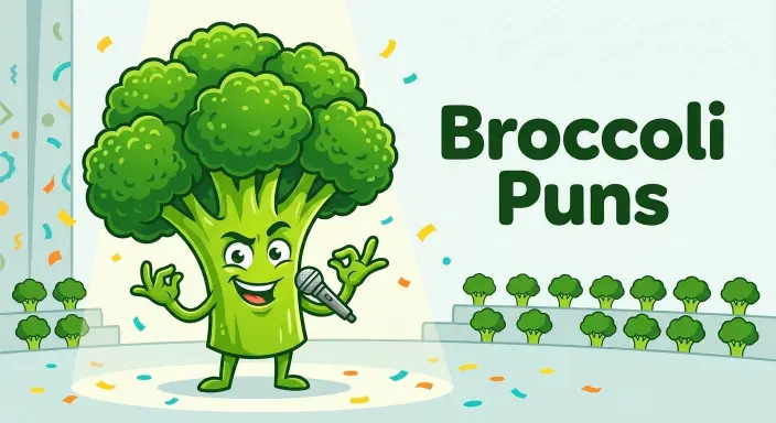 Funny broccoli character making puns