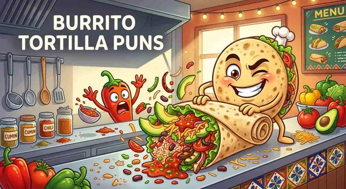Funny tortilla character making a giant burrito