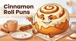 Funny cinnamon roll with coffee