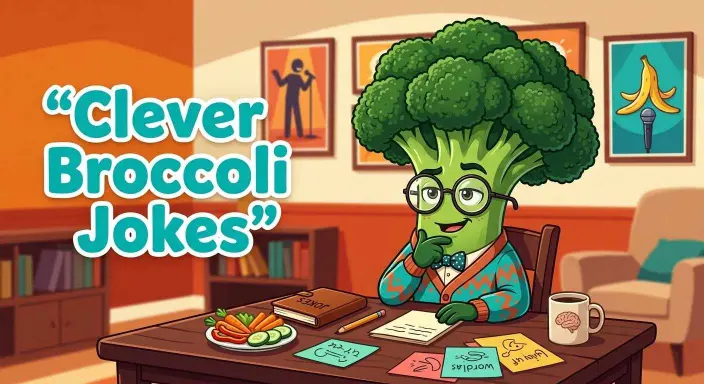 Clever broccoli character telling jokes
