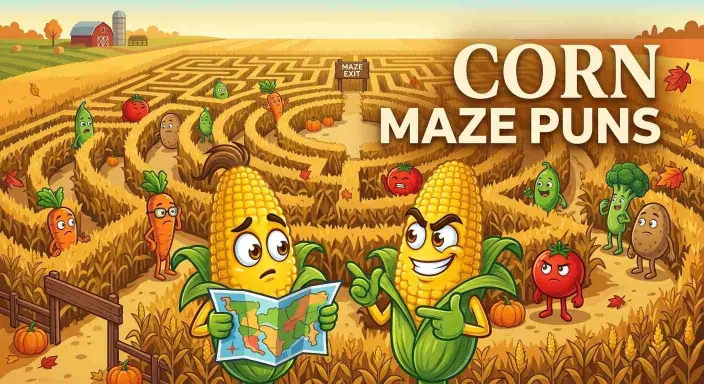 Funny corn characters exploring a maze.