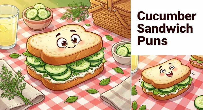 Funny cucumber sandwich at a picnic table.