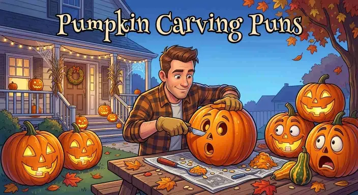 Pumpkin carving scene with funny jack-o-lanterns.
