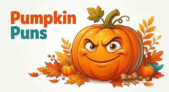 Funny pumpkin character surrounded by fall leaves.