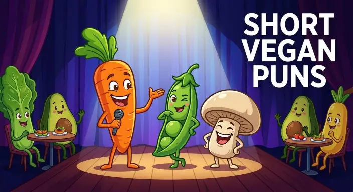 Cute vegetables sharing short vegan jokes.