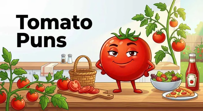 Funny tomato character with pun props