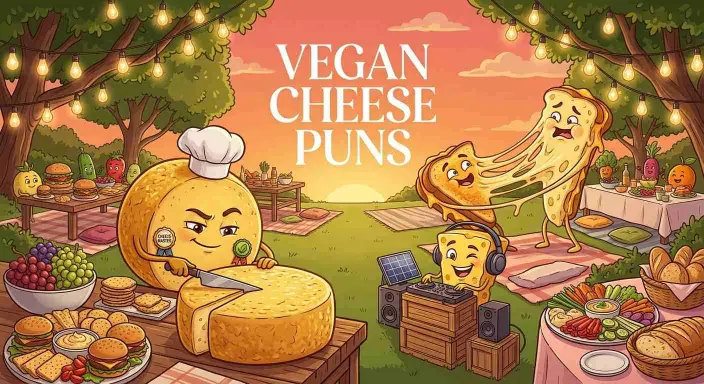 Funny vegan cheese characters at a party.