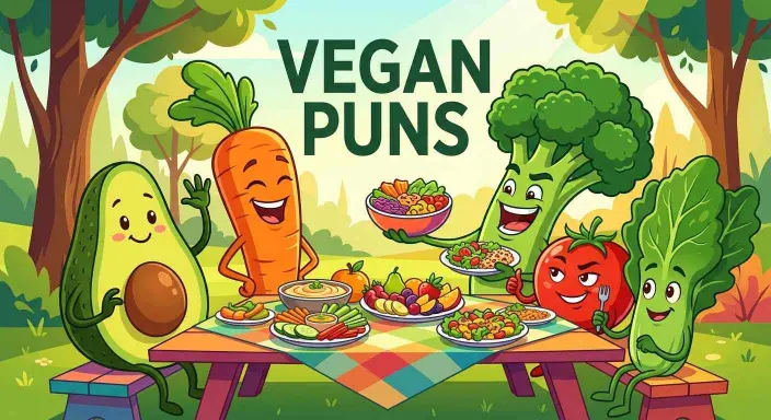 Funny vegetables enjoying vegan puns.
